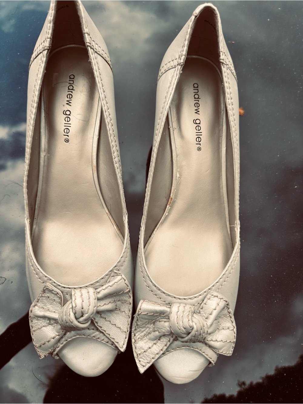 Andrew Geller, 11M, Cream/Off White Leather, 2.5” Open Toe Heels, worn once